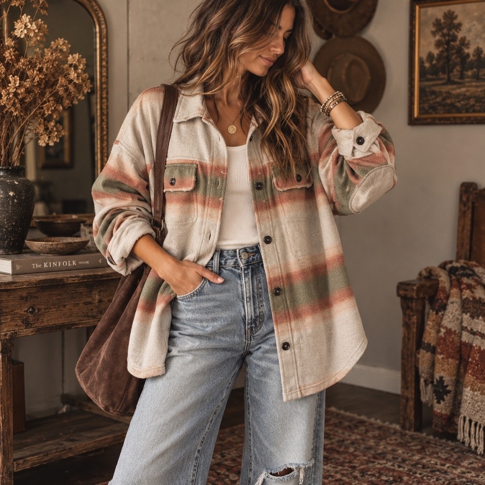 Free People XS Striped Oversized Shacket Shirt Jacket Rust Olive Boho Western